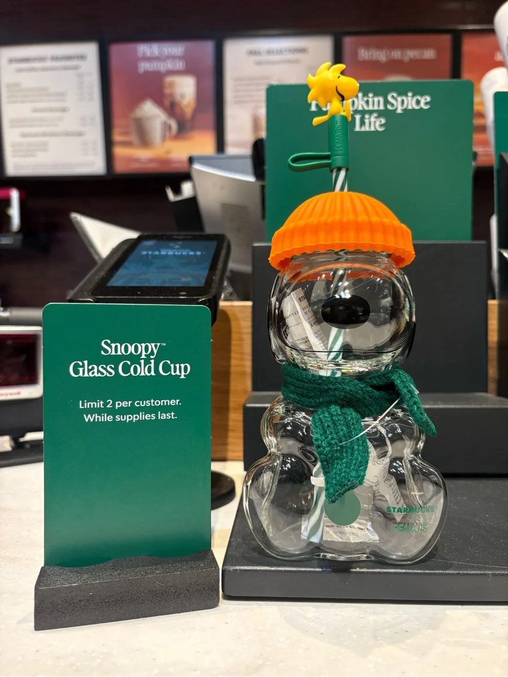 Starbucks Snoopy Glass Cup with Orange Hat and Green Scarf Accent